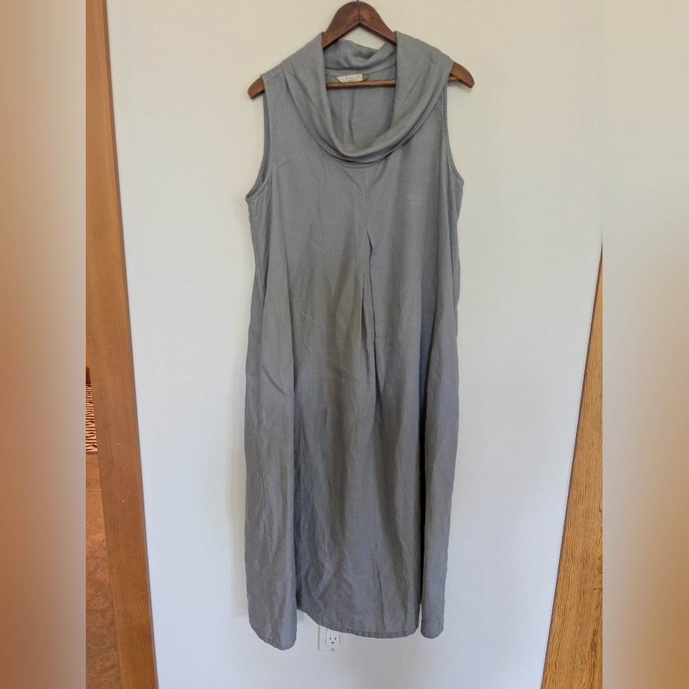 CHALET Lagenlook Linen Dress Grey Cowl Neck Large Made In USA